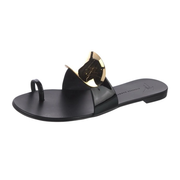 GIUSEPPE ZANOTTI Metal Plate Sandals Women's 7 Black Shield Leather 37.5 Italy - Picture 1 of 11